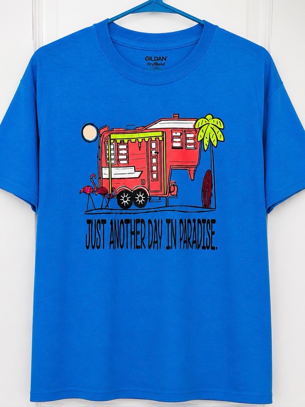 Blue short sleeve tshirt rv camping paradise Florida palm trees Medium rv llife